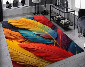 Rainbow Feather Rug: Boho Tropical Floor Mat