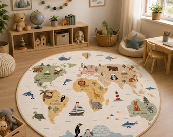 Kids World Map Area Rug, Round or Rectangular Animal Carpet, Educational Continents Nursery Playroom Bedroom Floor Decor for Boys and Girls