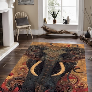May include: A colorful rug with an intricate design featuring an elephant with large tusks. The elephant is surrounded by floral patterns in shades of red, gold, and blue.