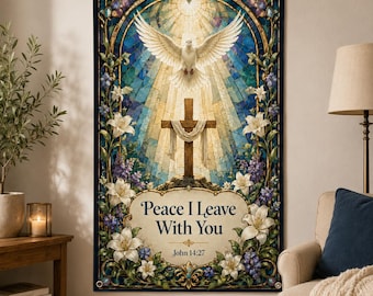 Tapiz con la frase Juan 14:27: «La paz os dejo», arte mural con cruz de vidrieras, regalo de condolencias, adorno mural cristiano con paloma, decoración religiosa para el hogar.