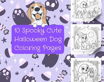 Könnte beinhalten: 10 süße und gruselige Halloween-Hunde-Malvorlagen. Ein Satz druckbarer Malvorlagen mit niedlichen Hunden in Halloween-Kostümen. Die Seiten zeigen einen Hund mit einem Hexenhut, einen Hund mit einem Geist und einen Hund, der eine Laterne hält.