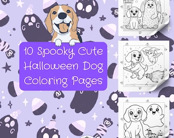 Könnte beinhalten: Zehn süße, gruselige Halloween-Hunde-Malvorlagen mit einem Beagle, der einen Partyhut trägt, einem Geist, einer Hexe, einem Monster und einem Besen. Der Text "10 Spooky Cute Halloween Dog Coloring Pages" ist in Lila auf lila Hintergrund geschrieben.