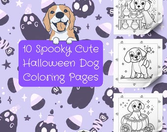 Könnte beinhalten: Zehn Schwarzweiß-Malvorlagen mit niedlichen Hunden in Halloween-Kostümen. Der Titel "10 Spooky Cute Halloween Dog Coloring Pages" befindet sich oben im Bild.