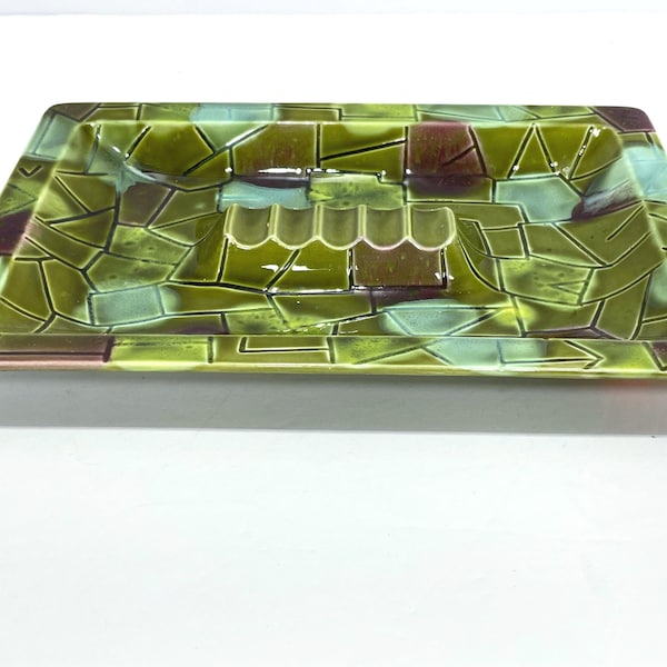 Mid-Century Modern Mosaic Ceramic Ashtray / Catchall Tray – Olive Green Glaze
