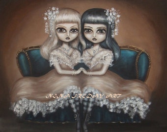 TWINS 2  big eye gothic victorian siamese twins giclee PRINT by Nina Friday