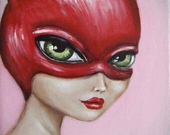 GAMES pin up fetish red mask big eye cat woman Nina Friday giclee print