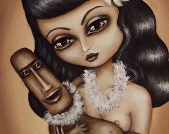 TIKI BABY big eye lowbrow mother and tiki god child giclee PRINT  by Nina Friday