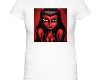 RED HOT big eye gothic seductive pin up devil woman  T SHIRT  by Nina Friday