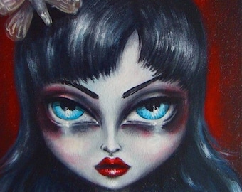 ADELA big eye gothic fairy girl with moth CANVAS  giclee print by Nina Friday