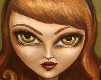THE SMIRK big eye redhead pin up kitty girl giclee PRINT by Nina Friday