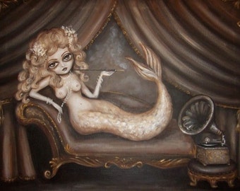 BLISS vintage inspired victorian big eye reclining mermaid Nina Friday GICLEE print