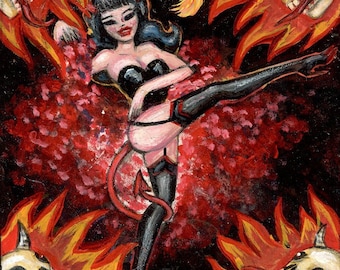 HELLS BELLE pin up burlesque dancing devil girl with fire breathing skulls Gclee Print By Nina Friday