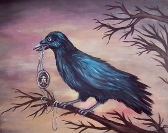 NEVERMORE gothic Poe's raven with a portrait necklace   giclee print by Nina Friday