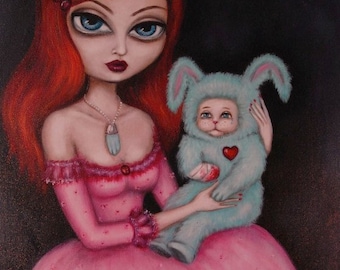 LUCKY big eye gothic victorian girl with bunny giclee PRINT by Nina Friday