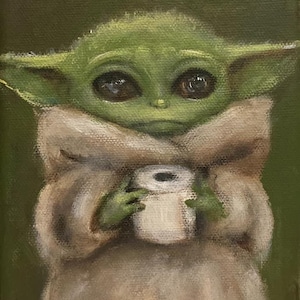 May include: An oil painting of a green alien-like character holding a roll of toilet paper. The character has large eyes and pointed ears. The painting is signed "Nina Friday Art" in the bottom right corner.