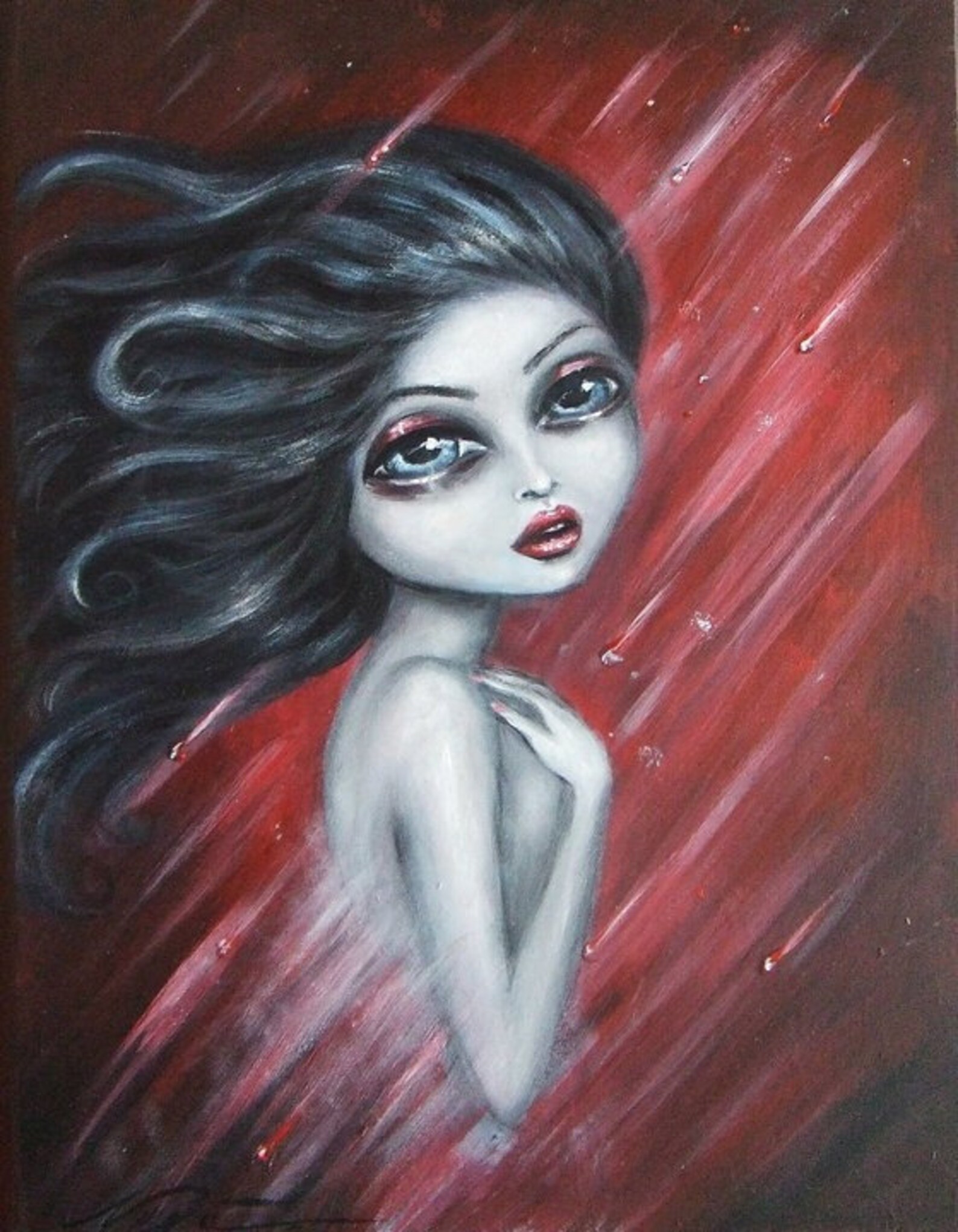 FRAGILE Big Eye Dark Haired Nude Under the Ruby Rain Giclee - Etsy