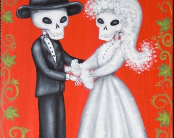 Day Of The Dead  Dia De Los Muertos wedding bride and groom skeletons giclee print by Nina Friday