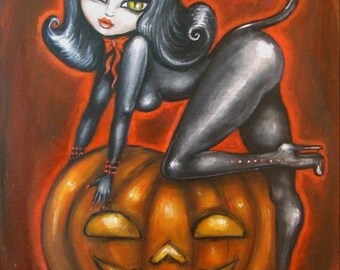 KITTY'S BIG Pumpkin big eye fetish Halloween cat girl giclee PRINT by Nina Friday