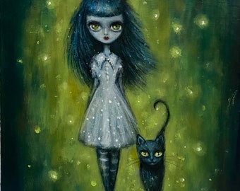 ME and my SHADOW creepy girl and kitty giclee print