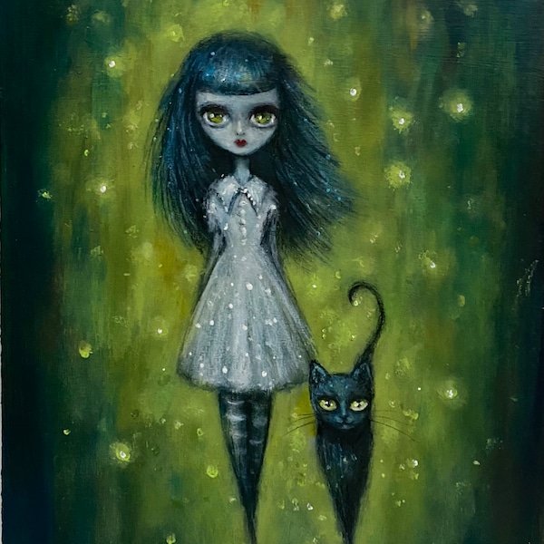 ME and my SHADOW creepy girl and kitty giclee print