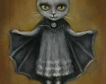 BATTY BETTY cat bat Halloween girl giclee print