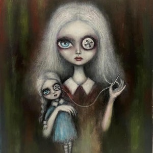 May include: An original painting featuring a large-eyed doll with a button eye and a smaller doll in a blue dress. The background is a mix of dark green, red, and brown. The larger doll is holding a needle and thread, connecting to the smaller doll.