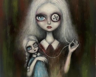 KARA button eye girl with dolly giclee print