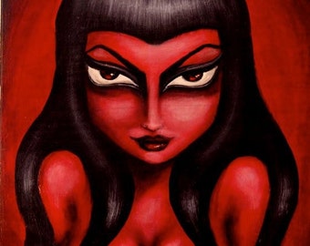 RED HOT big eye gothic seductive pin up devil woman stretched CANVAS print by Nina Friday