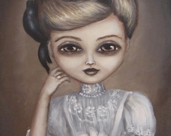 LABIRDA vintage inspired Victorian big eyed lady with a bird  CANVAS print by Nina Friday