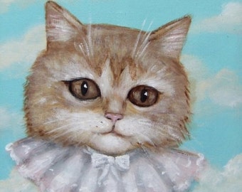 HAPPY KITTY valentine angel tubby kitty cat head with white collar in in the sky  giclee PRINT Nina Friday