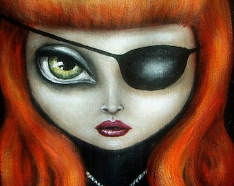 IT'S ON  gothic  steampunk big eye red head angry girl with eye patch Nina Friday giclee print