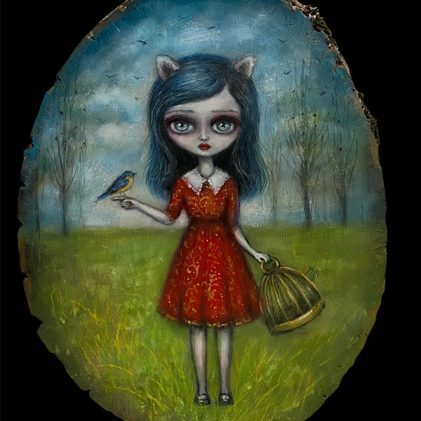 If You Love Them  cat girl with birdie giclee print