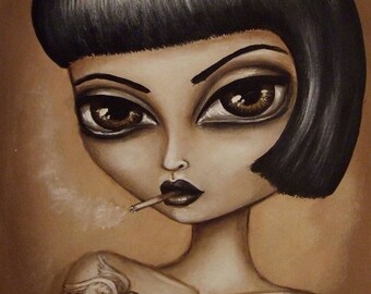 BIRDY smoking gothic pin up big eye punk tattooed girl stretched CANVAS print by Nina Friday