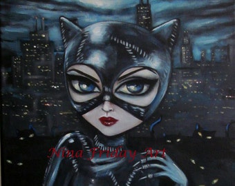 NIGHT CITY LIGHTS big eye sexy Catwoman with cats  giclee Print by Nina Friday
