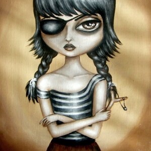May include: A painting of a girl with black hair in braids, wearing a striped shirt, a brown skirt, and an eye patch. She is holding a slingshot in her right hand.
