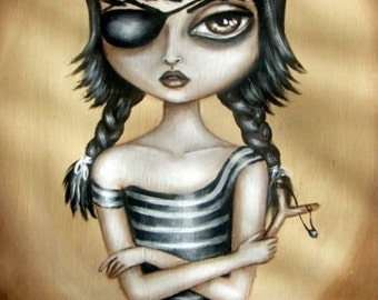 SLING big eye pirate school girl brat with sling shot giclee PRINT by Nina Friday