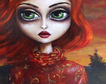 SUSPICIOUS  big eye lowbrow gothic art, long red hair, sunset, storm NINA FRIDAY print