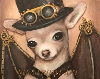 NACHO the Amazing Flying Dog Steampunk lowbrow print by NINA FRIDAY