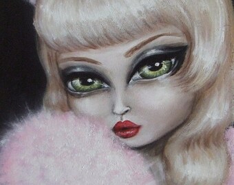 PRETTY IN PINK glamourous blonde in pink fur and kitty ears big eye gothic pin up art giclee print Nina Friday