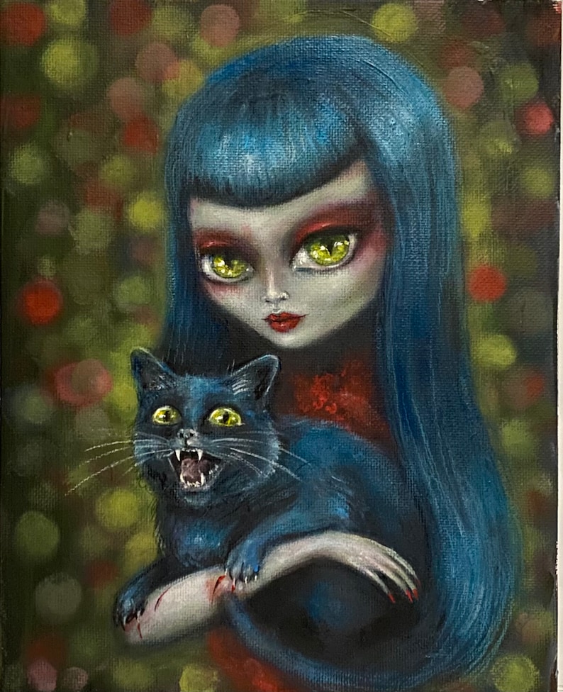 ASK MY CAT 2 girl with black cat giclee print image 1