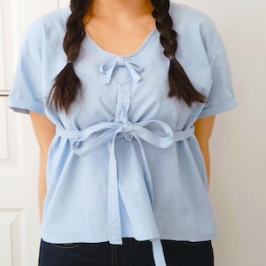Upcycled Women&#39;s Sky Blue Top with Detachable Belt - V-Neck & Tie Detail | Unique Handmade Piece | Eco-Responsible Summer Fashion