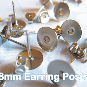 200pcs 100 pairs Surgical Stainless Steel 8mm Flat-Pad Earring Posts and Backs glue on diy jewelry finding supplies image 1