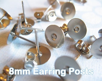 200pcs (100 pairs) Surgical Stainless Steel 8mm Flat-Pad Earring Posts and Backs glue on diy jewelry finding supplies