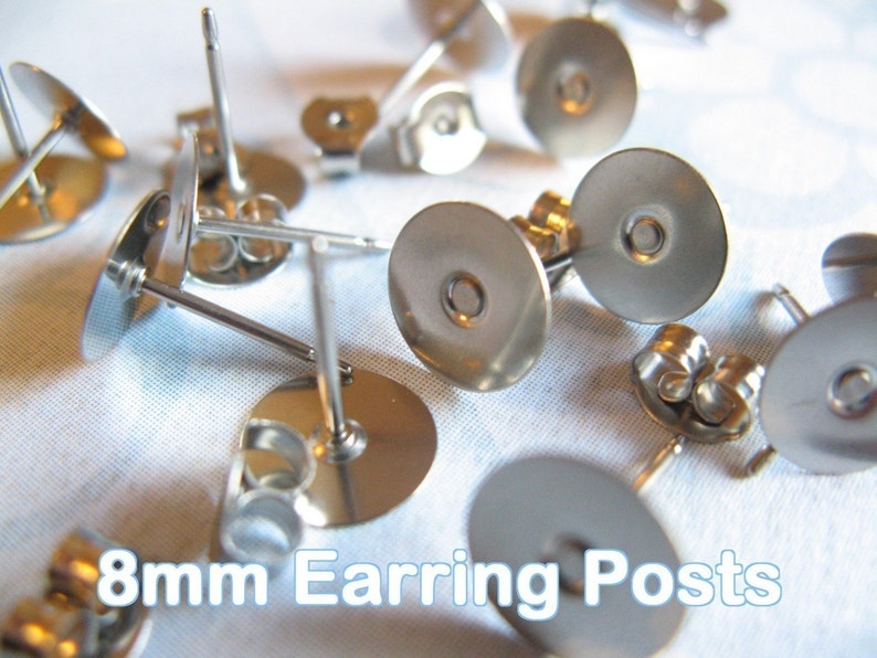 200pcs 100 pairs Surgical Stainless Steel 8mm Flat-Pad Earring Posts and Backs glue on diy jewelry finding supplies image 1
