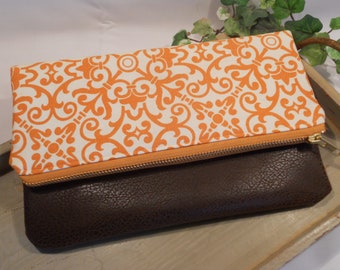 Foldover Cotton CLUTCH...with Faux "Leather" Accent...Perfect for Bridesmaids...will hold iPad Mini or Kindle