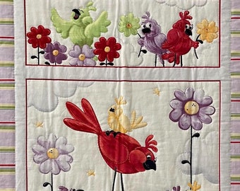 Baby Quilt, Birds and Flowers, Whimsical, Tummy Time - Wall Hanging, Girl, Hand Quilted - Nursery