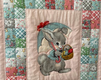 Baby Quilt, Bunny, Ducklings, Dog, Cat - Blanket or Wall Hanging - Pastel Colors- Pink - Green - Blue, Hand Quilted