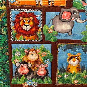 Baby Toddler Quilt, Jungle Animals - Fun - Happy Faces - Flowers - Monkeys, Zebra, Hippo, Giraffe, Lion, Elephant  -  Greens, Yellow, Brown