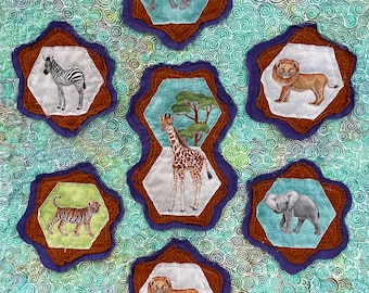 Baby Quilt, Zoo Animals, Jungle Safari Giraffe, Hippo, Lion, Rhino, Zebra, Elephant, Tiger - Wall Hanging, Toddler Blanket, Sensory, Tactile
