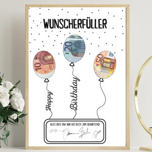 PDF - Geldgeschenk Geburtstag Luftballons Wunscherfüller Poster Geburtstagskarte Download zum Ausdrucken Birthday Bild 18 25 30 40 50 60